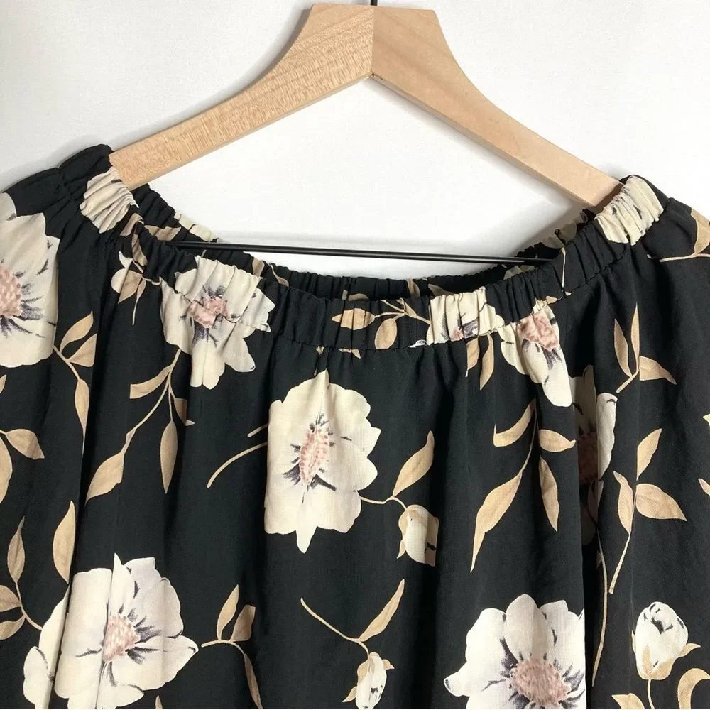 Lulus Cropped Cropped Cape Draped Blouse Size Small Black Tan Floral Split Back